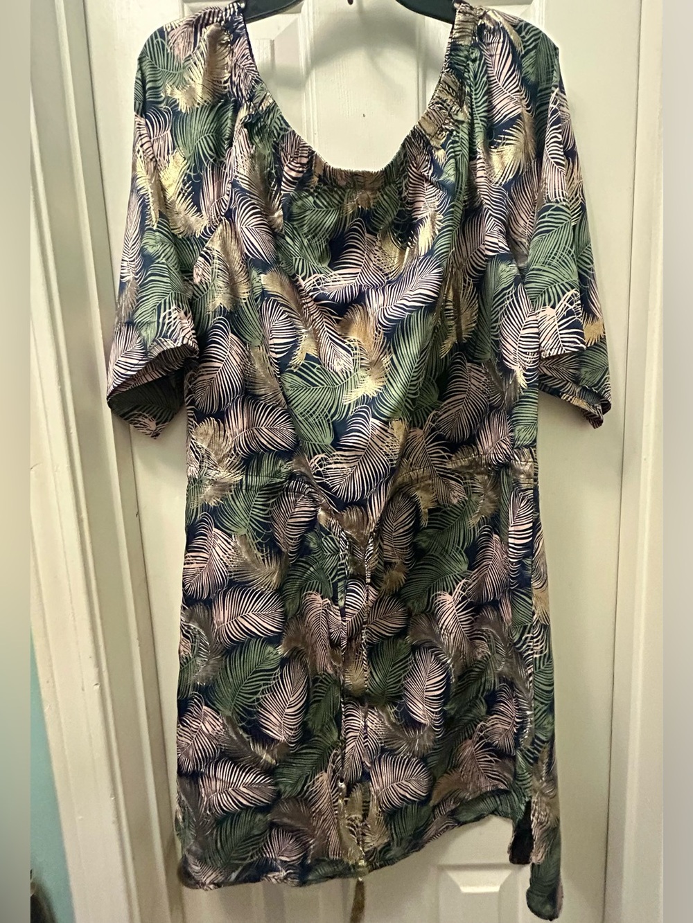 Tropical Metallic Leaf-Print drawstring falls off shoulders Tunic